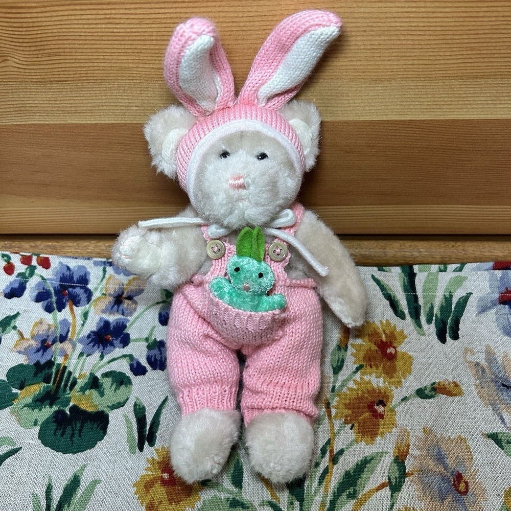 Vintage Y2K Easter HugFun Plush Teddy Bear Pink Knit Bunny Rabbit Farm Cottage